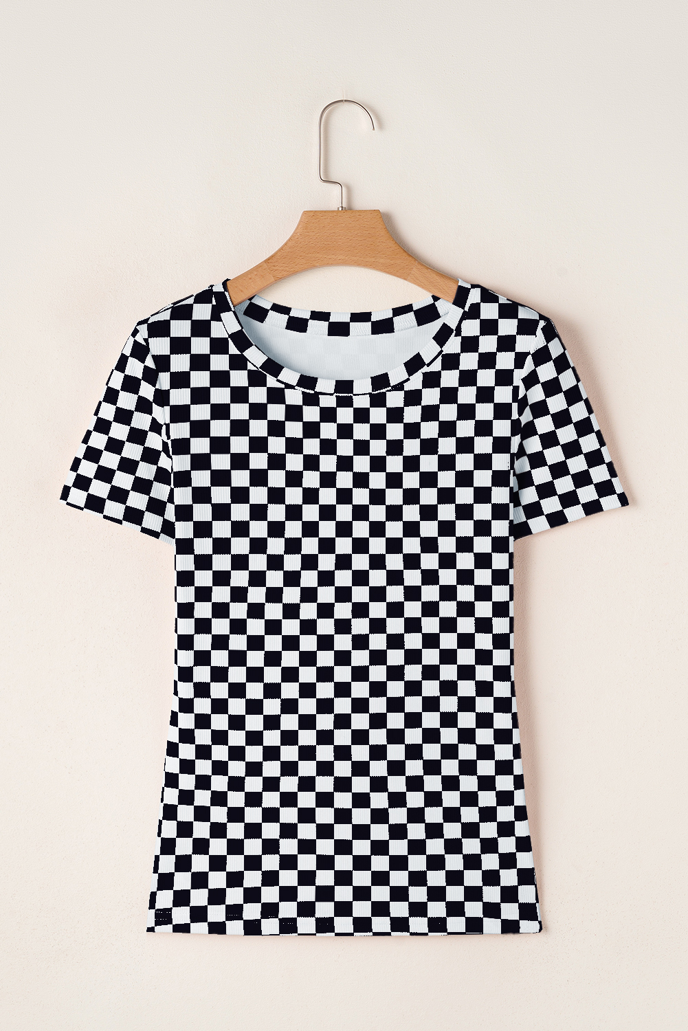 Women's T-Shirt, Black Checkered, Ribbed Fabric, Slim Fit, Crew Neck, Casual Style, Short Sleeve, Daily Wear, Geometric Pattern, Comfortable, Flattering Silhouette, Versatile Top, Summer Fashion - Detail View 8