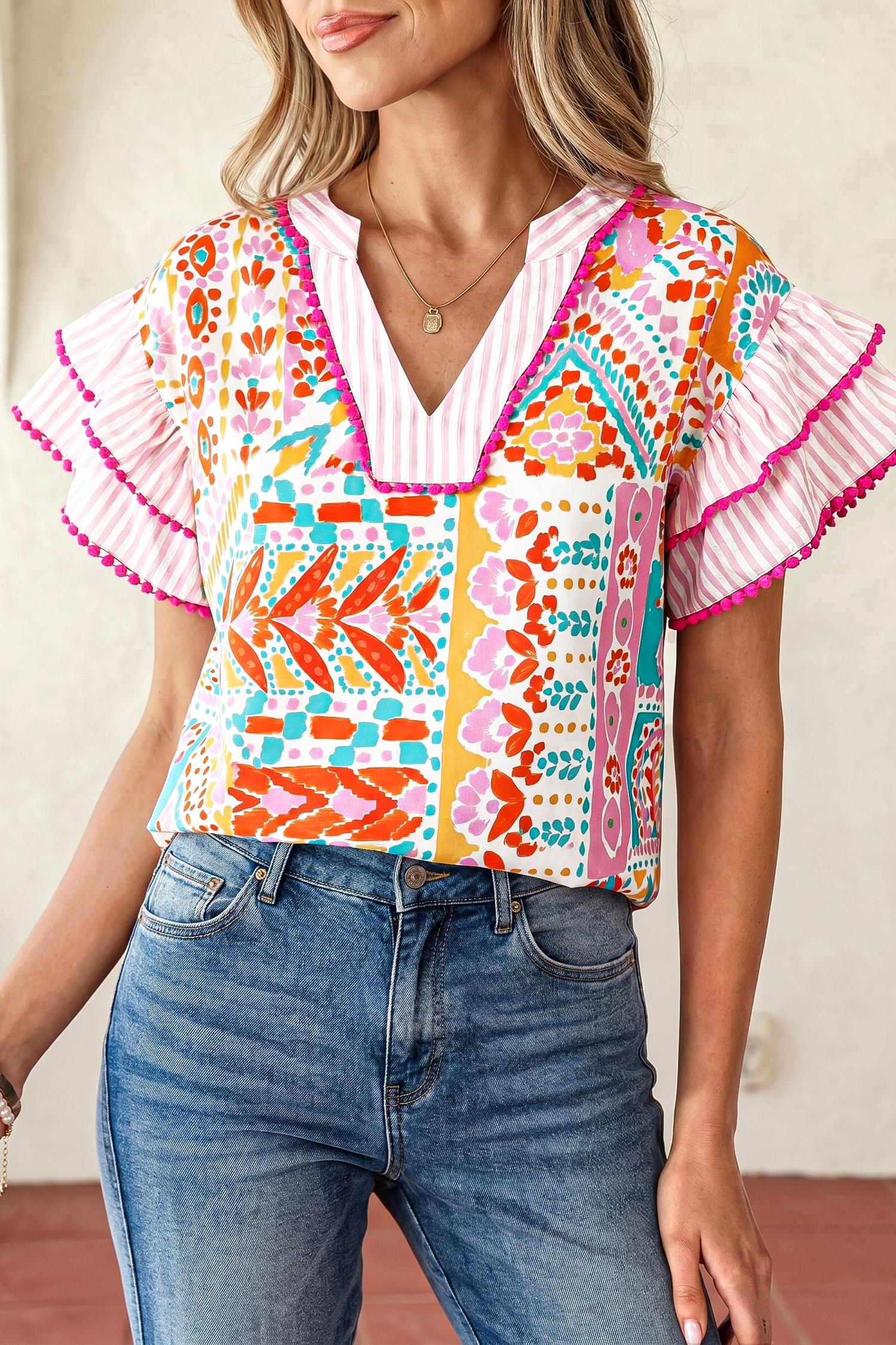 Casual Rose Round Neck Blouse for Women – Bohemian Style Striped Patchwork Tee for Summer - Detail View 2