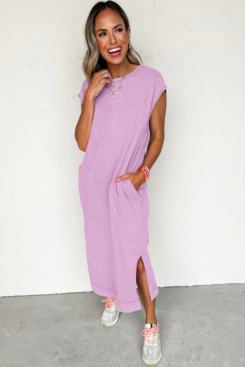 Chic and Comfortable Sleeveless Long Dress - Wisteria Mineral Wash - Detail View 14