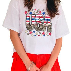 Women's White Patriotic Star Leopard USA Letter Graphic T-Shirt - Main View