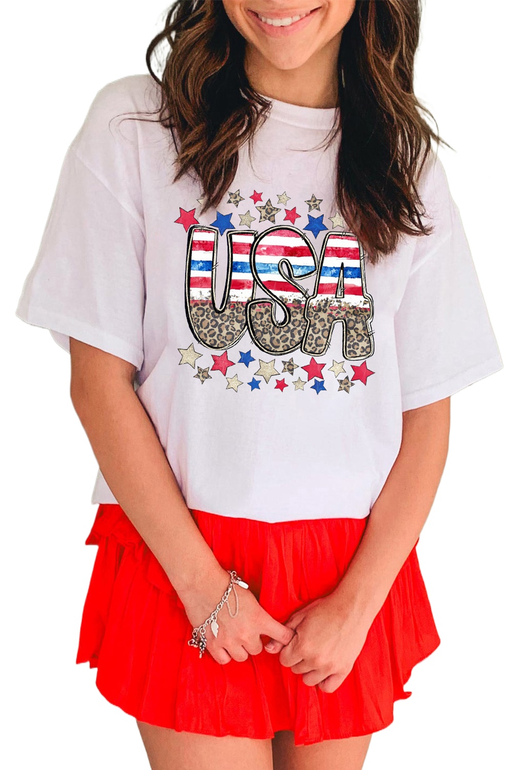 Women's White Patriotic Star Leopard USA Letter Graphic T-Shirt - Main View
