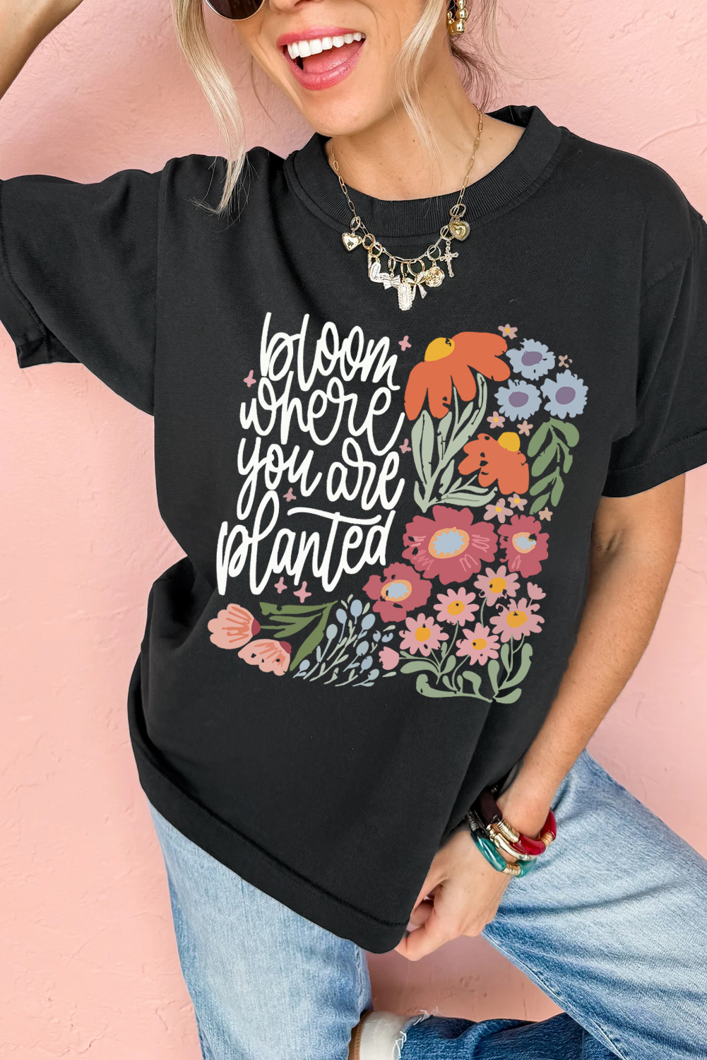 Women's Black 'Bloom Where You Are Planted' Floral Printed T-Shirt - Detail View 5