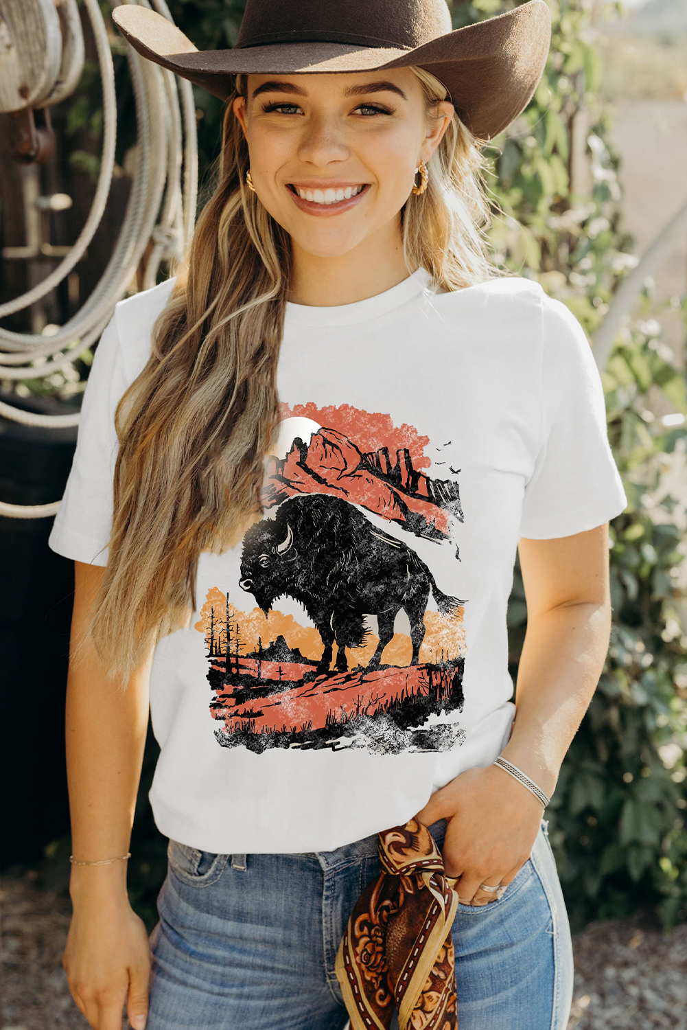 Women's White Western Buffalo on Plains Graphic Crew Neck Tee - Detail View 5