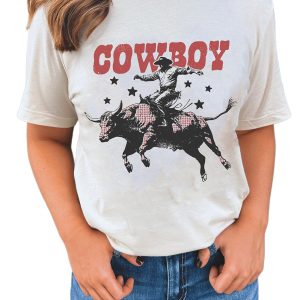 Women's White Cowboy Star Graphic Crewneck Tee - Western Fashion Style - Main View