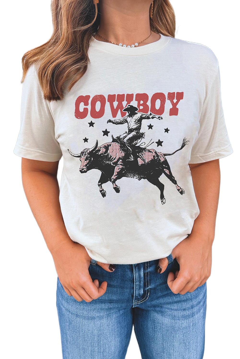 Women's White Cowboy Star Graphic Crewneck Tee - Western Fashion Style - Main View