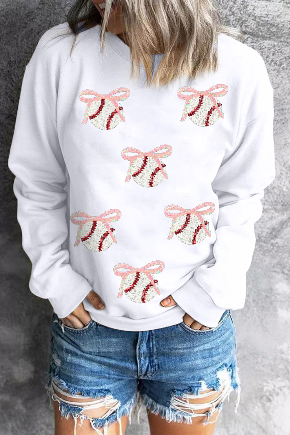 Women's Sweatshirt, White Sequin, Bow Graphic, Casual Style, Relaxed Fit, Crew Neck, Long Sleeve, Cowgirl Vibes, Trendy Design, Fall Fashion, Daily Wear, Comfortable, Tops, Graphic Sweatshirts - Detail View 8