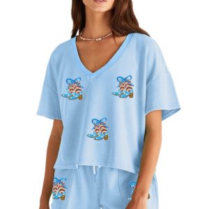 Women's Myosotis Patriotic Sequin Boots Patched V Neck Tee & Drawstring Shorts 2-Piece Set - Main View