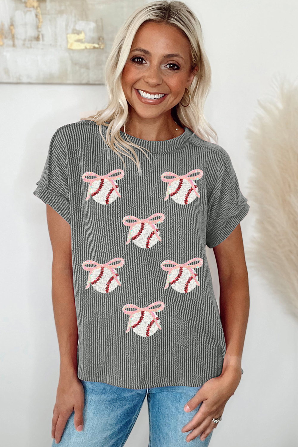 Stylish Women's Round Neck Knit T-Shirt - Game Day Pattern with Sequined Details - Detail View 3