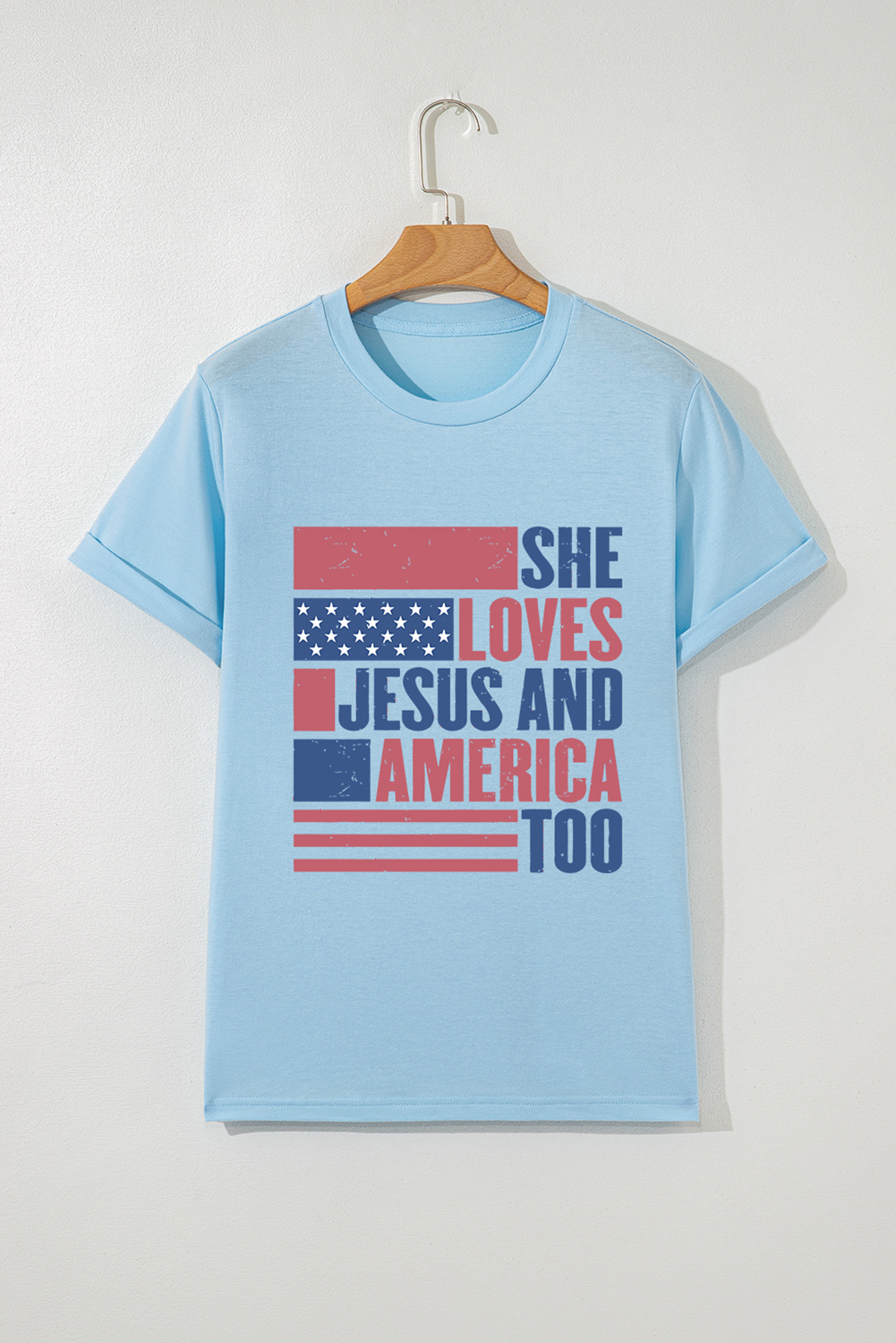Patriotic Casual Tee: Light Blue Graphic Shirt with Jesus and American Flag Design - Detail View 10