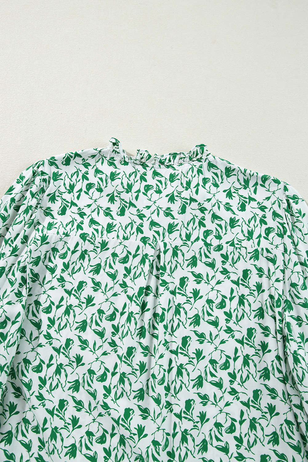 Women's Blouse, Green Floral, Puff Sleeve, Lace Detail, V Neck, Casual Wear, Fall Fashion, Daily Wear, Elegant Style, 100% Viscose, Long Sleeve, Shift Silhouette, Tops & Shirts - Detail View 8