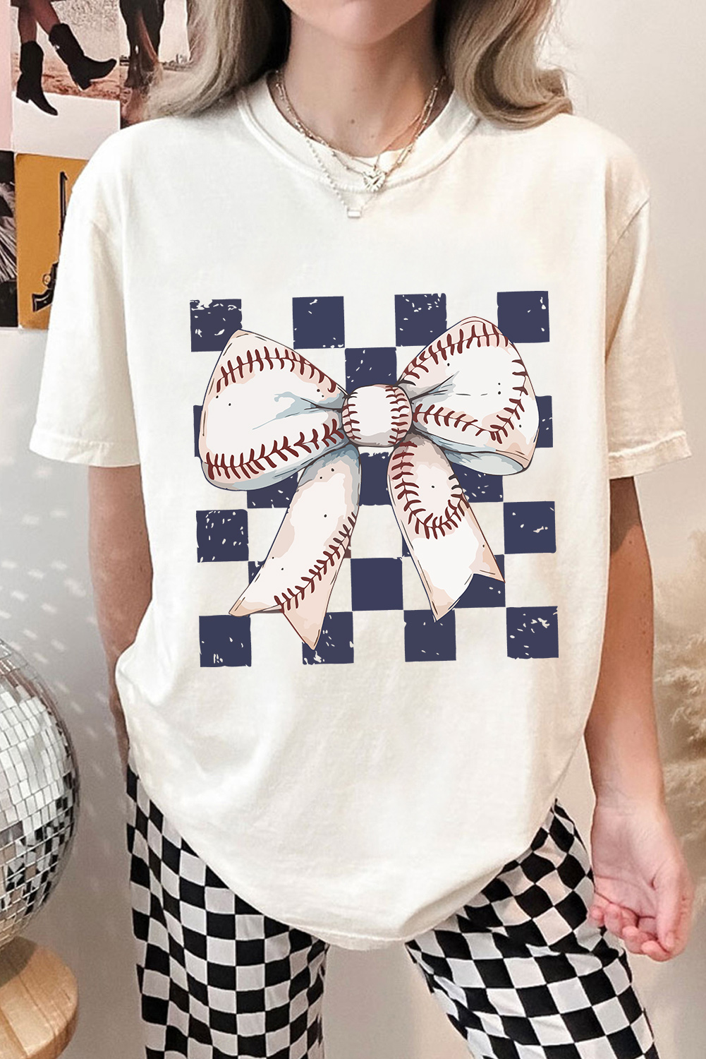 Trendy Women’s Graphic Tee: Cute Bowknot Design and Sporty Checkered Print - Detail View 2