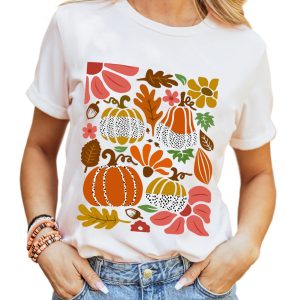 Women's White Pumpkin Flower Print Graphic Tee - Casual Fall Vibe - Main View