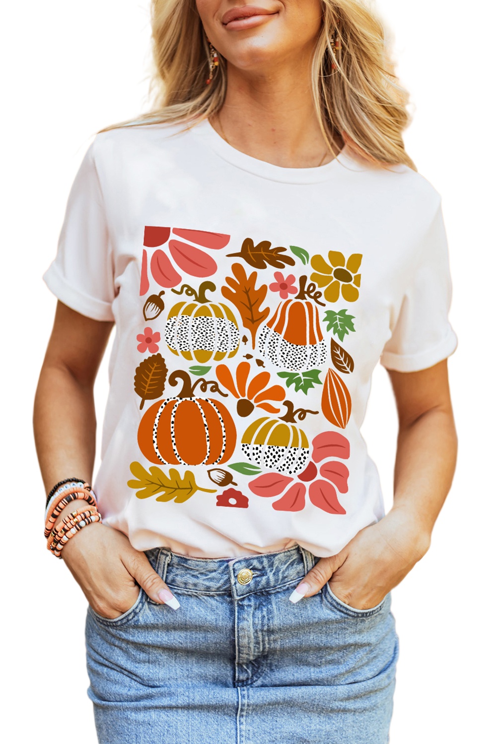 Women's White Pumpkin Flower Print Graphic Tee - Casual Fall Vibe - Main View