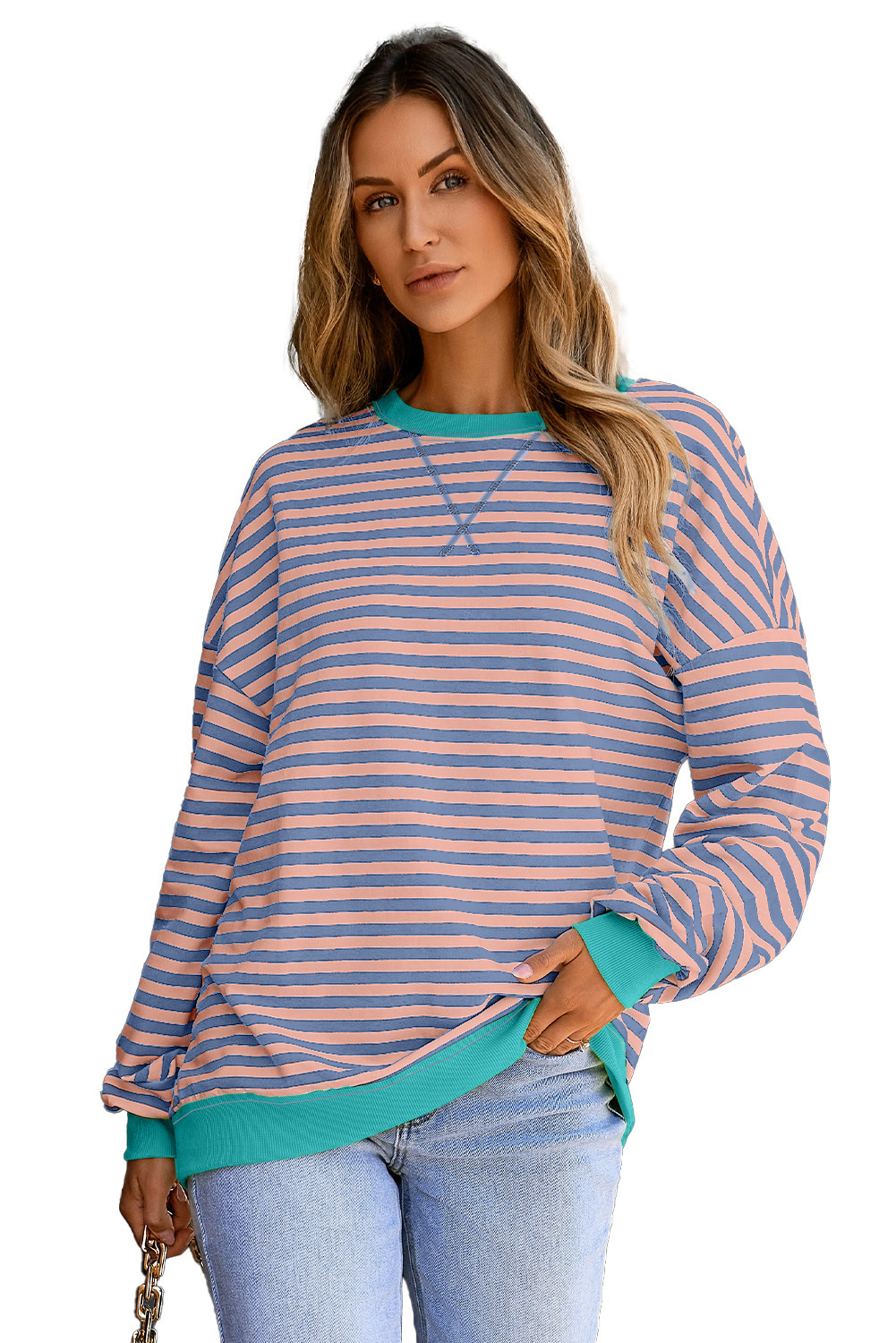 Women's Sweatshirt, Racing Red, Striped Pattern, Contrast Ribbed Trim, Drop Shoulder, Oversized Fit, Casual Style, Long Sleeve, Round Neck, Cozy, Daily Wear, Fall Fashion, Autumn Style, Cotton Blend - Detail View 20