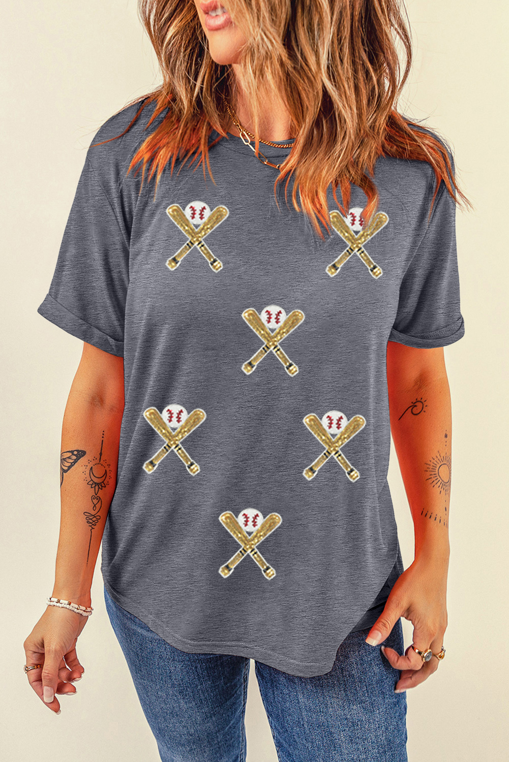 Stylish Gray Casual Tee with Sequined Baseball and Crossed Bats Design - Detail View 10
