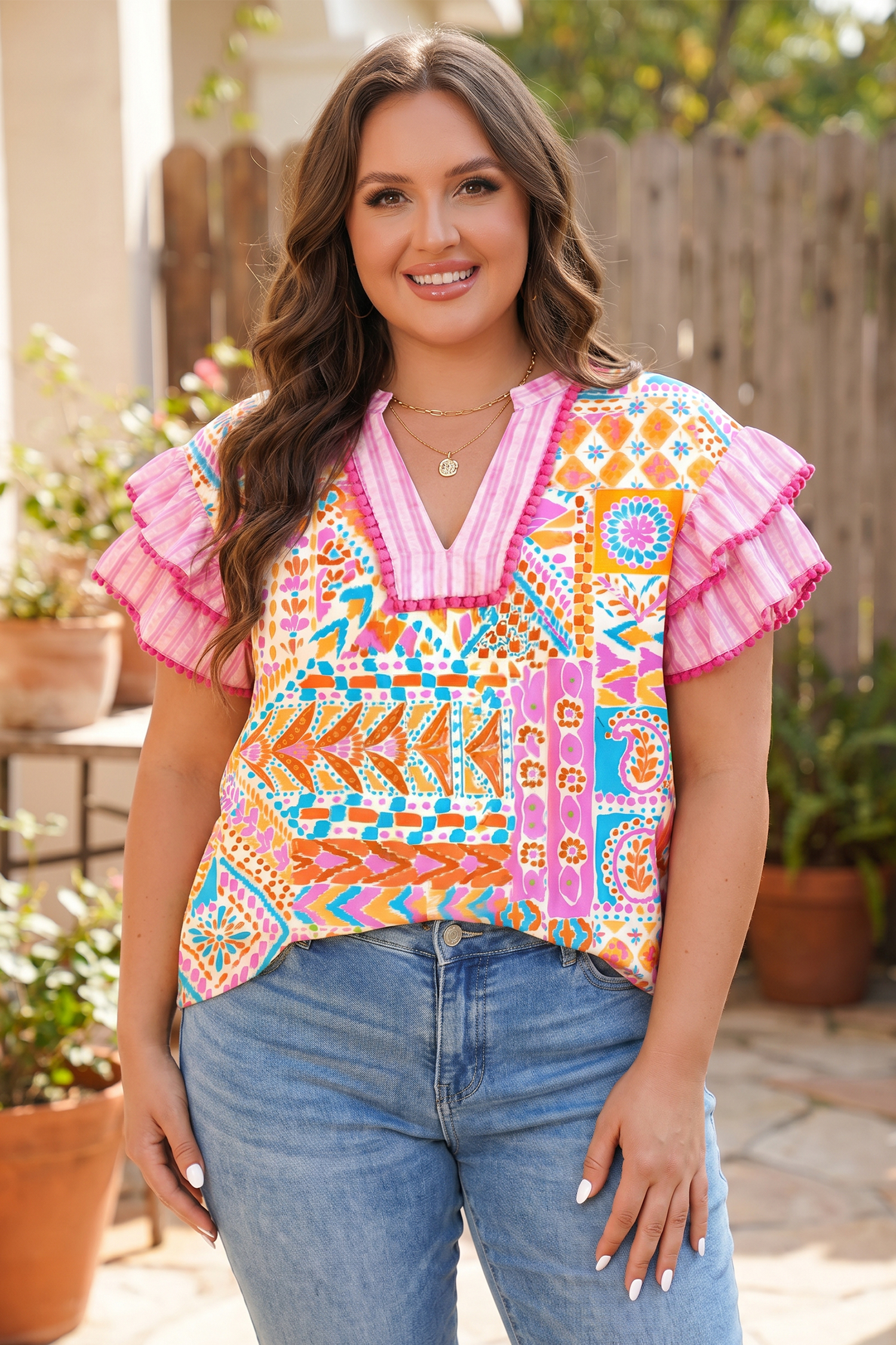 Plus Size Summer Shift Blouse for Women - Bohemian Rose Geometric V-Neck Casual Top - Detail View 2
