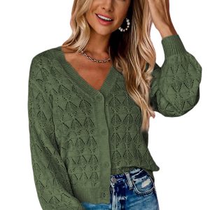Women's Green Lightweight Crochet Cardigan with Button Front Closure - Main View