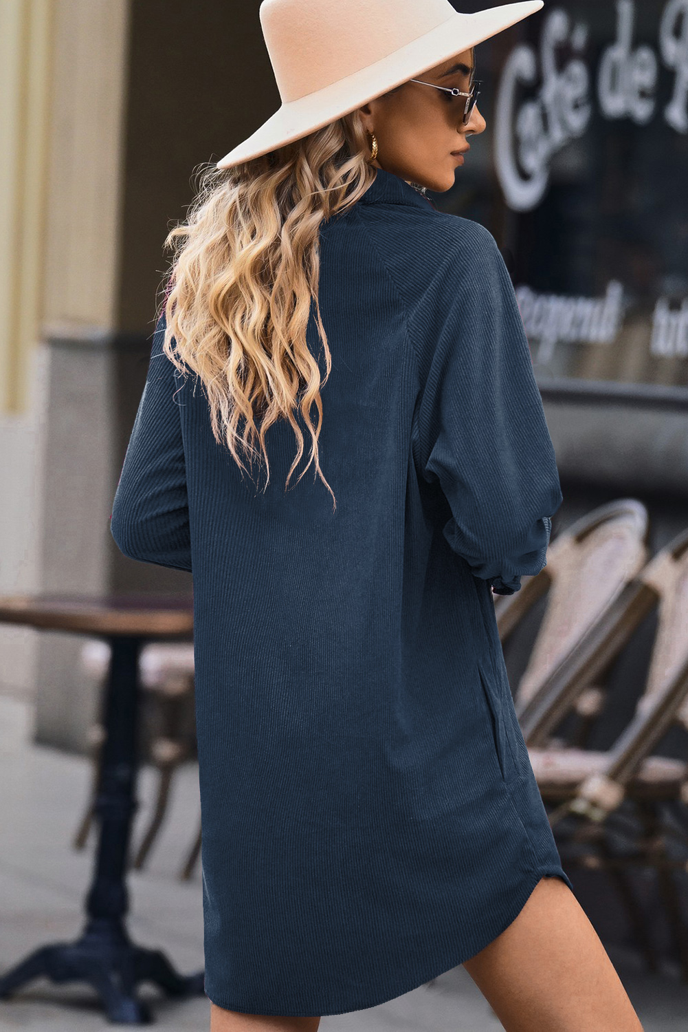 Chic and Cozy Blue Corduroy Mini Dress - Classic Shirt Style for Fall - Detail View 6