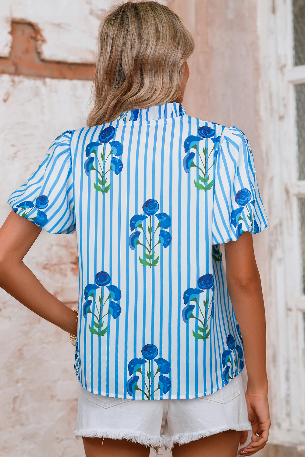 Stylish Women's Summer Blouse with Puff Sleeves and Frilly Notched Neckline - Detail View 2