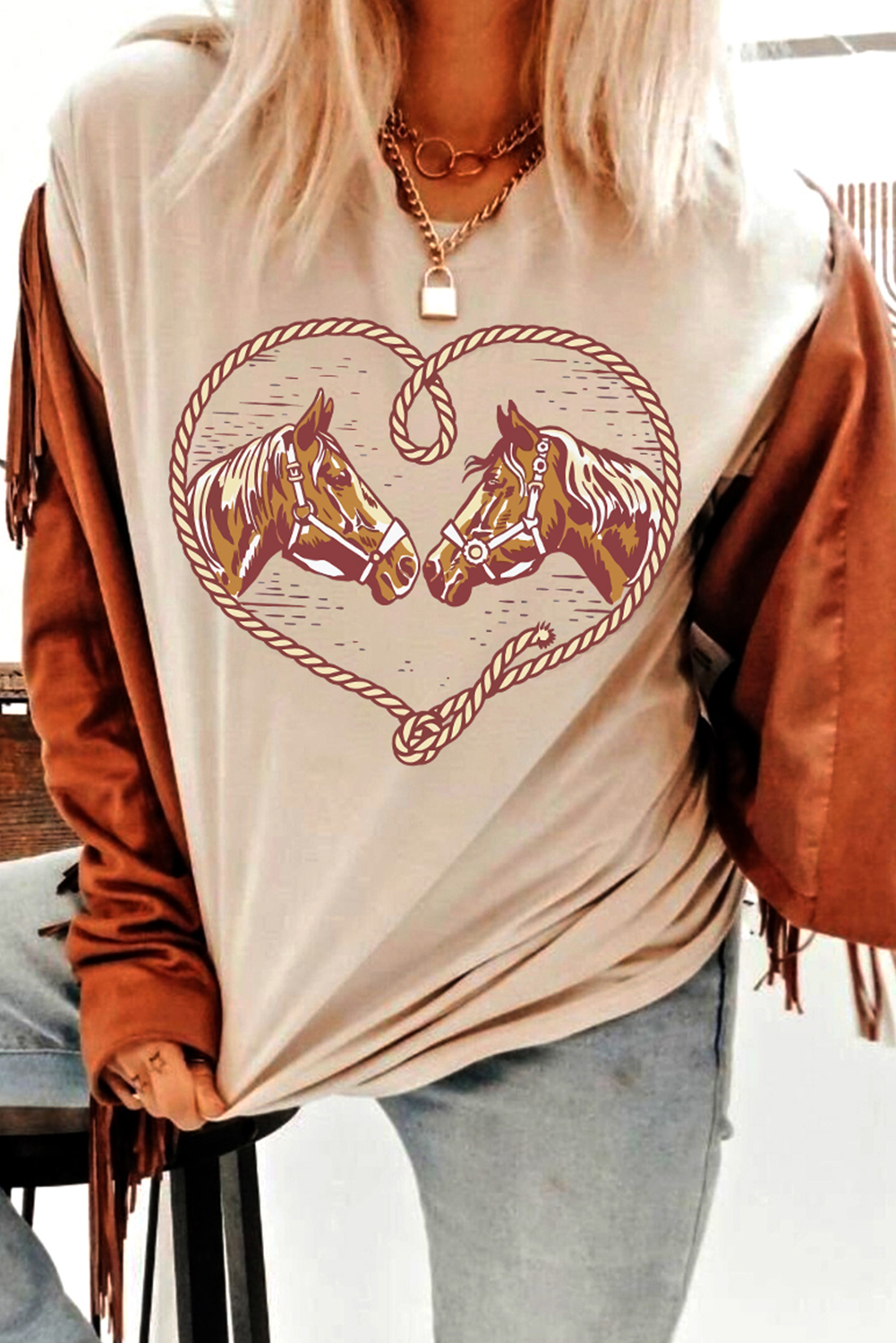 Women's Khaki Rodeo Horse Graphic Western Cowgirl T-Shirt - Casual Summer Tee - Detail View 5