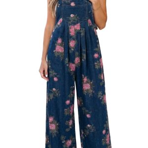 Women's Blue Floral Denim Jumpsuit – High Waist Wide Leg Pleated Casual Overalls - Main View