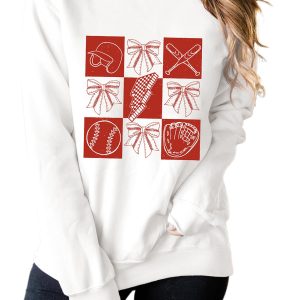 Women's White Graphic Baseball Sweatshirt with Checkered Pattern - Casual Long Sleeve - Main View