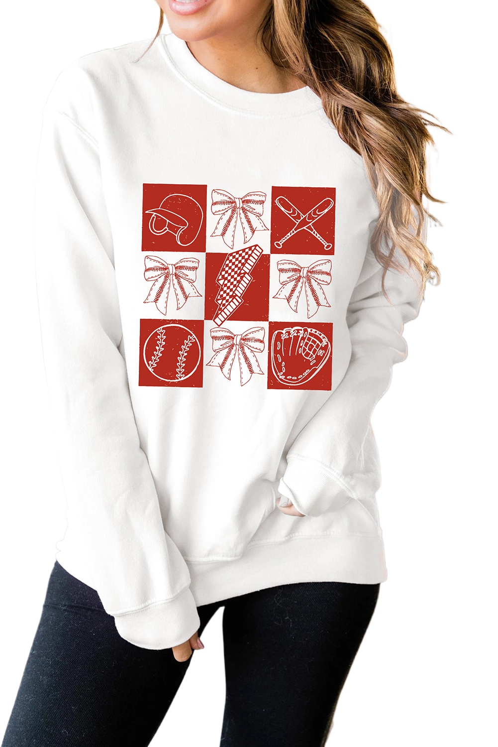 Women's White Graphic Baseball Sweatshirt with Checkered Pattern - Casual Long Sleeve - Main View