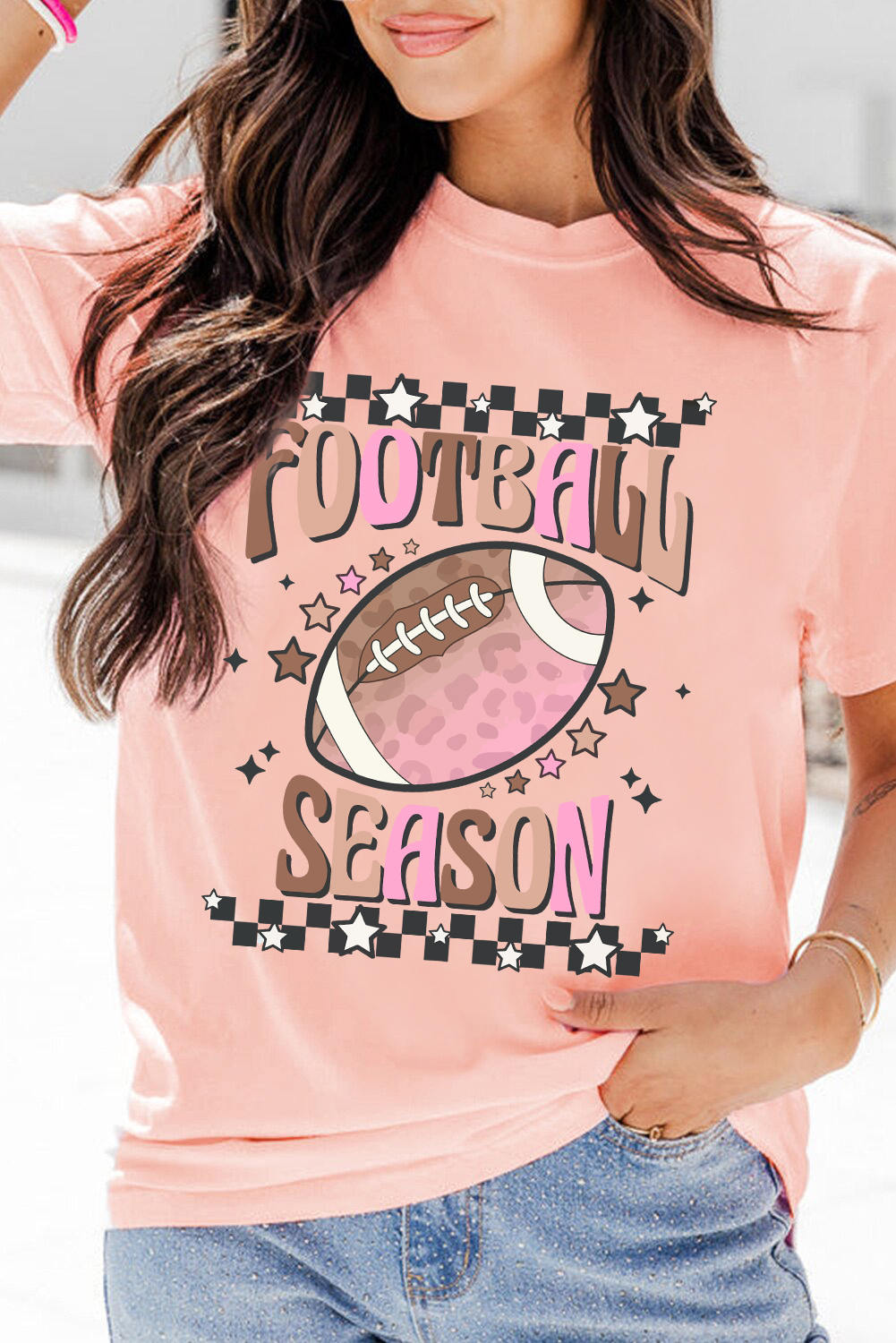 Casual Round Neck Tee for Game Day - Soft Cotton Blend, Pink FOOTBALL SEASON Print - Detail View 2