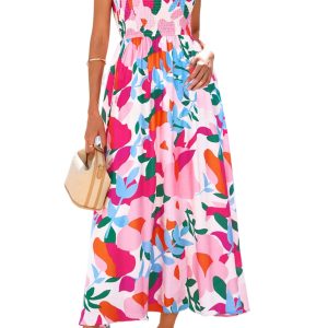 Women's Pink Floral Midi Dress – Smocked High Waist Sundress with Adjustable Straps and Pockets - Main View