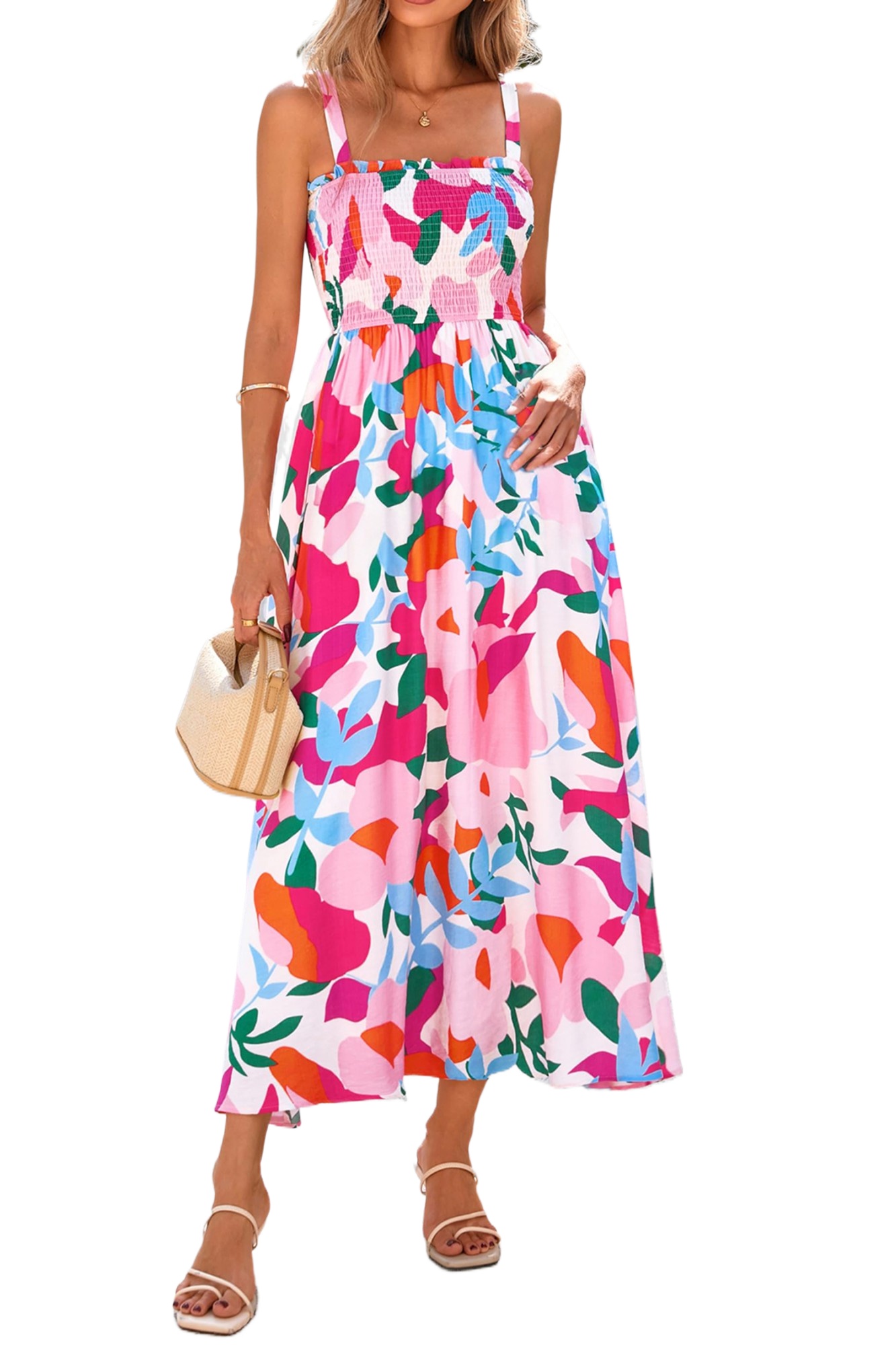 Women's Pink Floral Midi Dress – Smocked High Waist Sundress with Adjustable Straps and Pockets - Main View