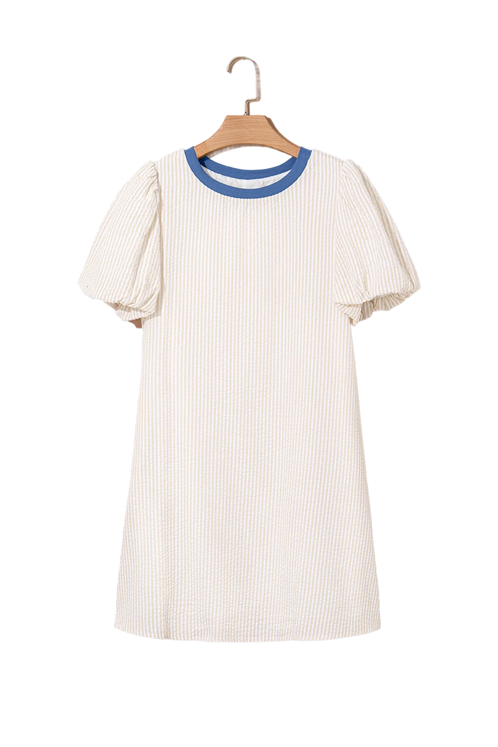 Women's Beige Stripe Seersucker Contrast Round Neck Puff Sleeve T-Shirt Dress - Detail View 13