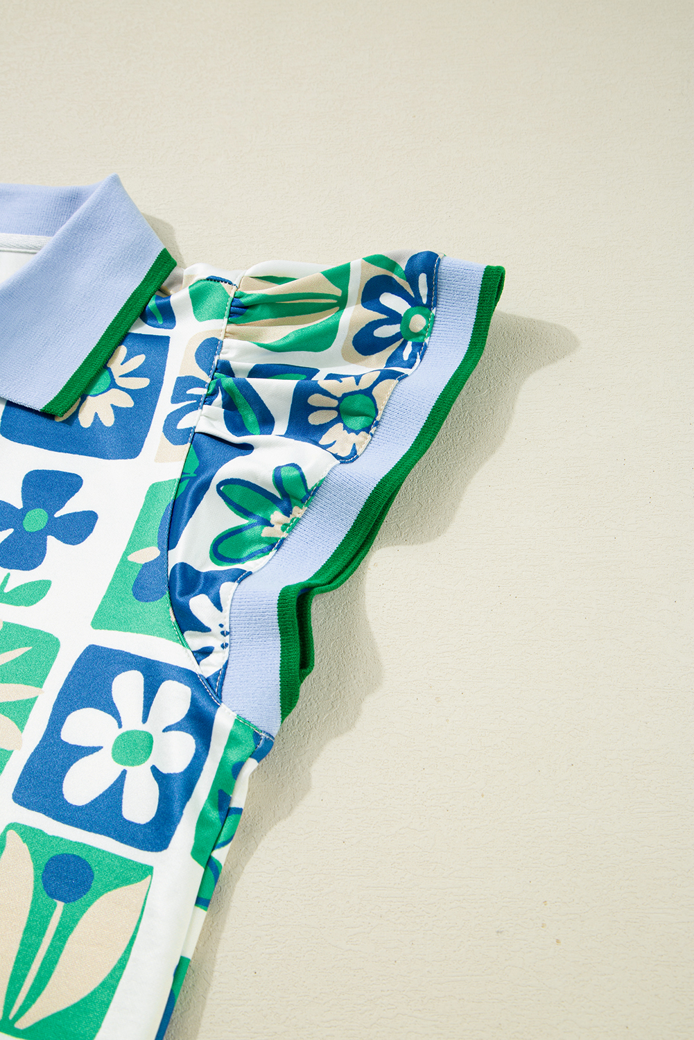 Women's Blouse, Green Floral, Plaid Pattern, Colorblock Trim, Flutter Sleeves, Polo Collar, Casual Wear, Dressy Occasions, Summer Fashion, Feminine Style, Versatile Top, Comfortable Fit, Daily Wear, Tops & Blouses - Detail View 8