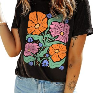 Women's Black Colorful Flower Graphic Crewneck Summer Tee - Main View