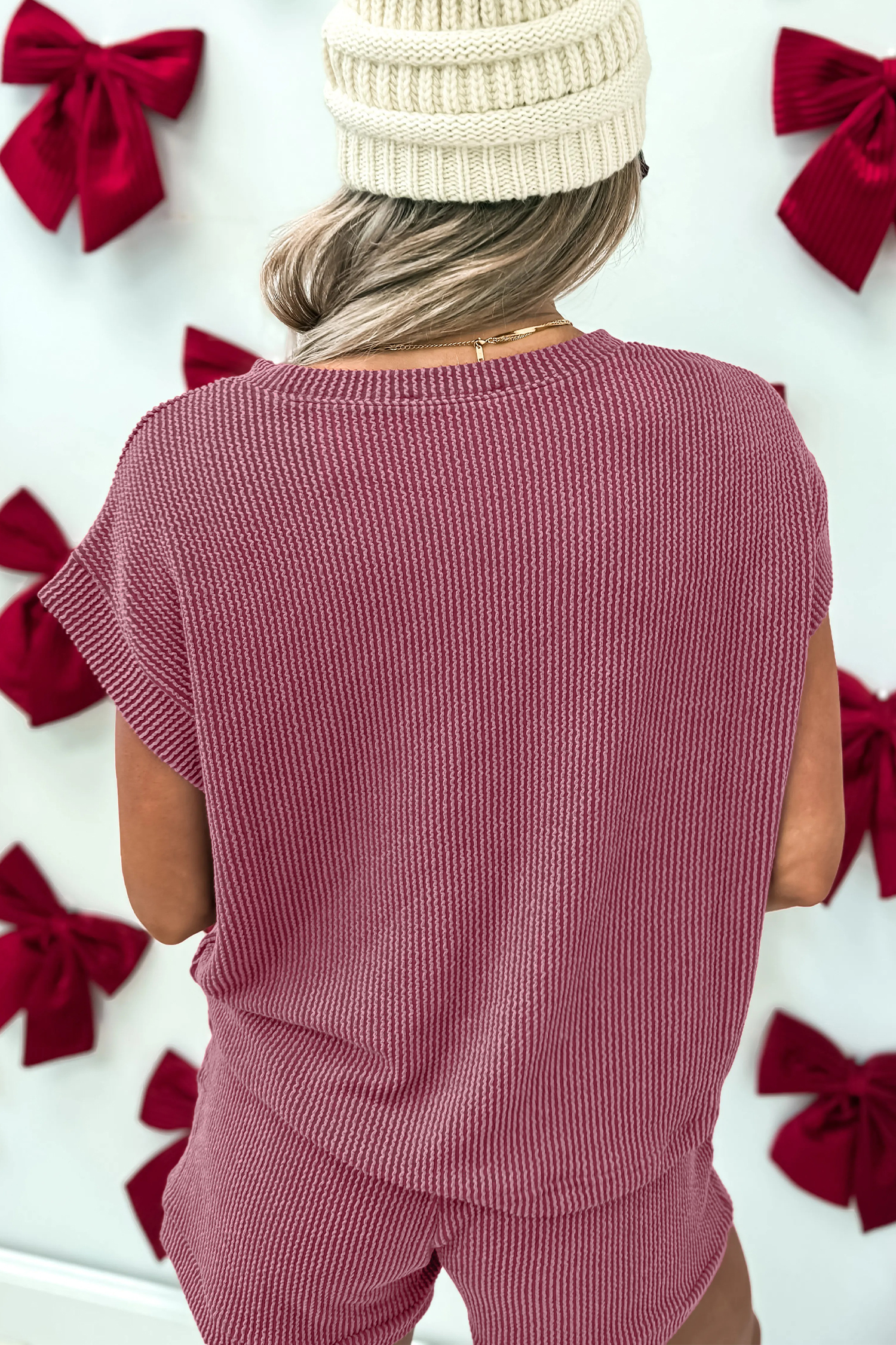Summer Lounge Set for Women – Pitaya Pink Corded Tee and Elastic Waist Short Set - Detail View 2