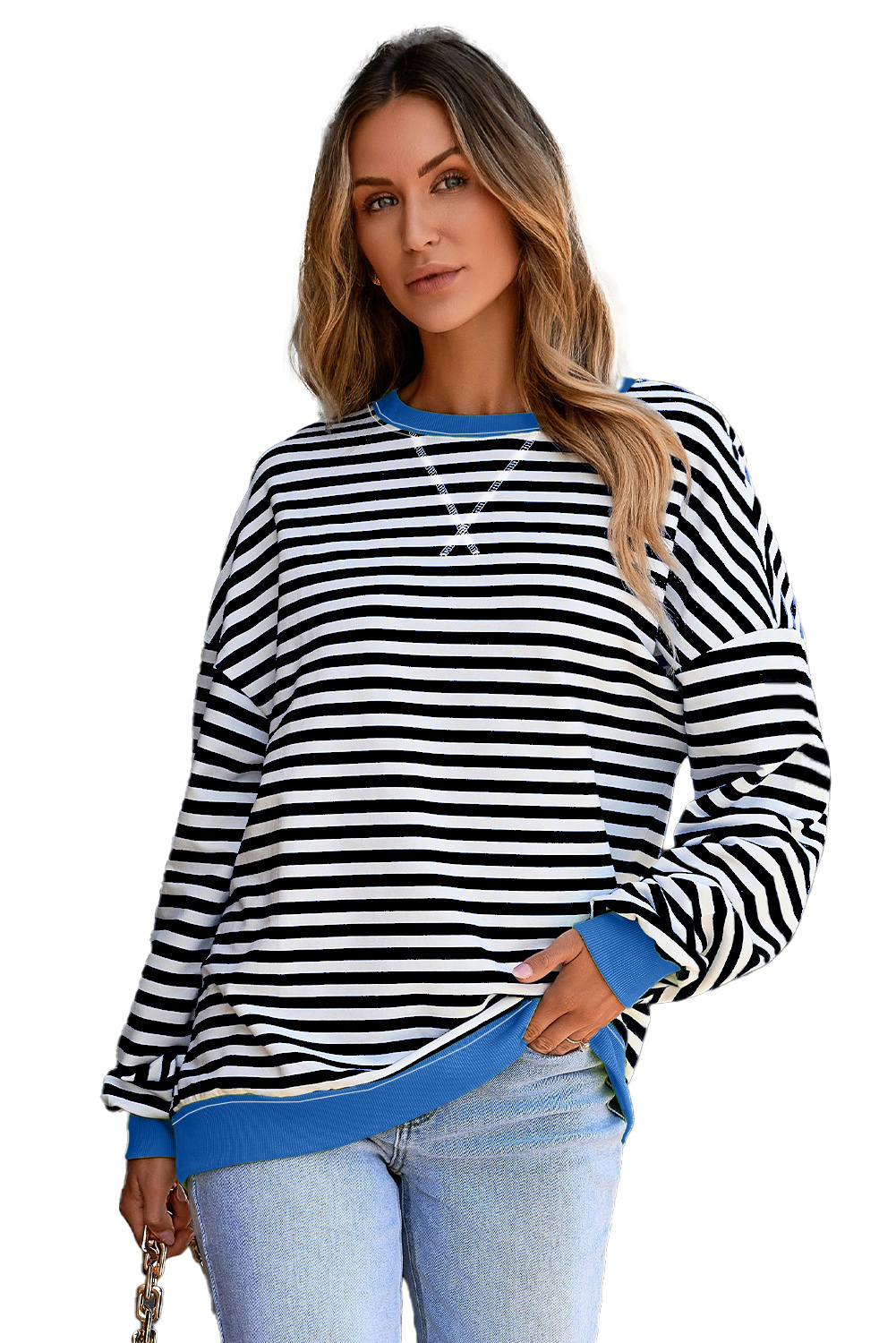 Casual Fall & Winter Striped Sweatshirt with Comfortable Drop Shoulder Design - Detail View 14
