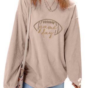 Women's Apricot Corduroy Sweatshirt - Game Day Embroidered Pullover with 3D Ribbed Texture - Main View