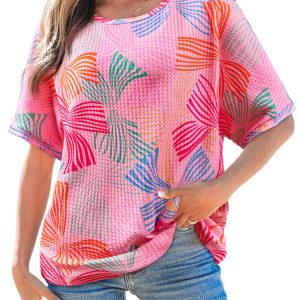 Women's Pink Bowknot Printed Waffle Crewneck Short Sleeve Top - Main View