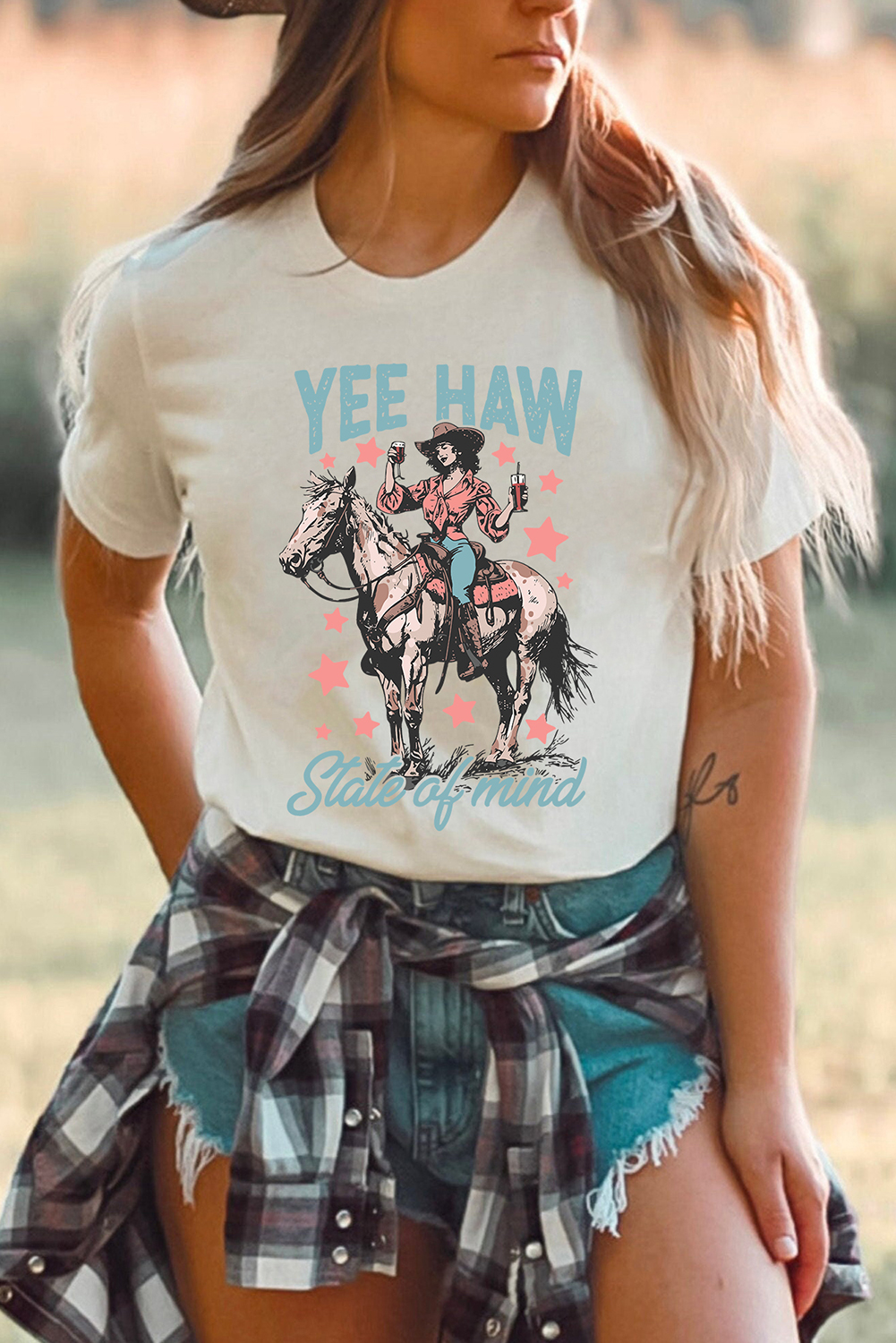 Women's White YEE HAW Graphic Tee - Trendy Cowgirl Western Fashion - Detail View 5