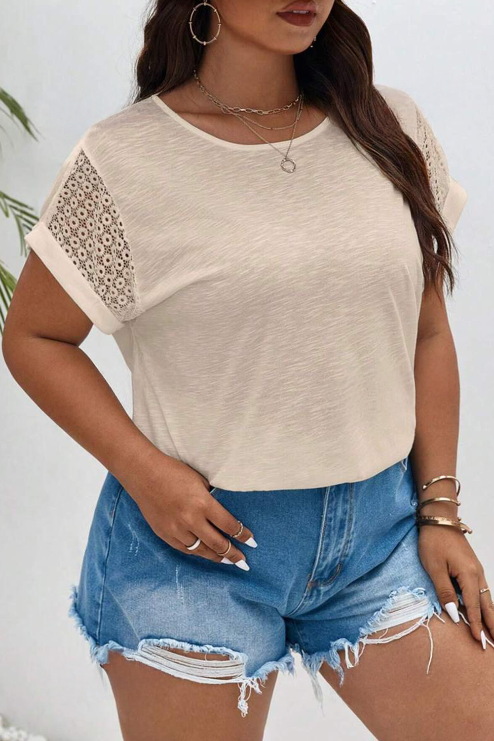 Trendy Parchment Color Short Sleeve T-Shirt - Flattering Round Neck Design for Curvy Women - Detail View 3