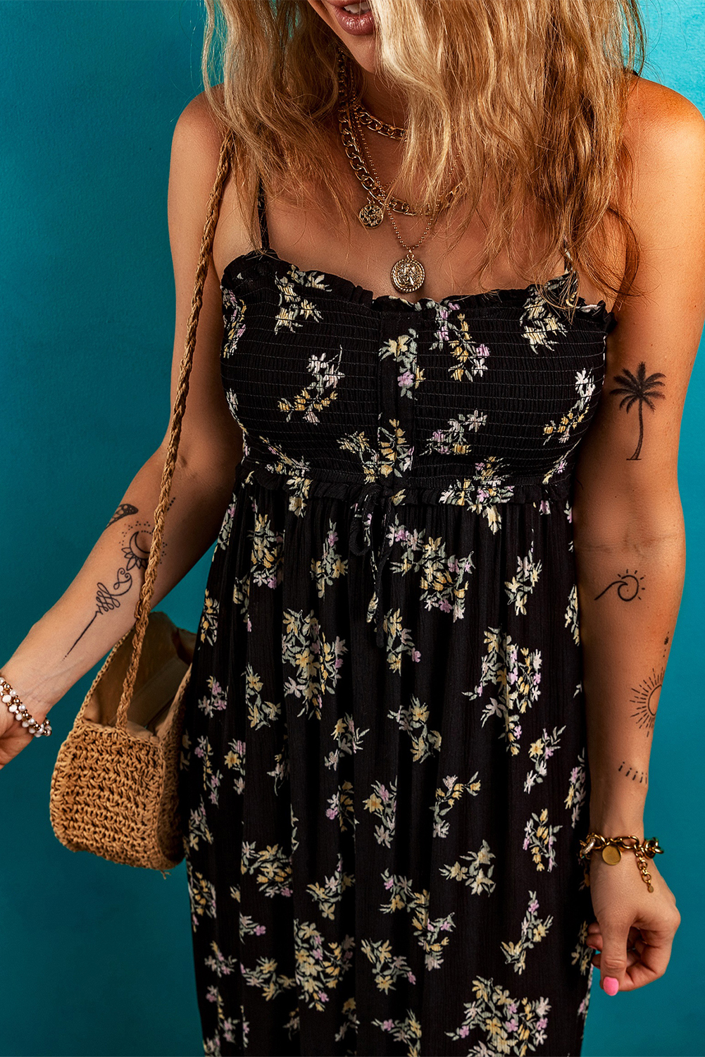 Bohemian Style Black Floral Maxi Dress - Adjustable Straps and Smocked Bodice - Detail View 6