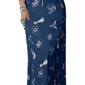 Women's Navy Blue Western Print Satin Skirt – High Waist Long Sheath for Daily Wear - Main View