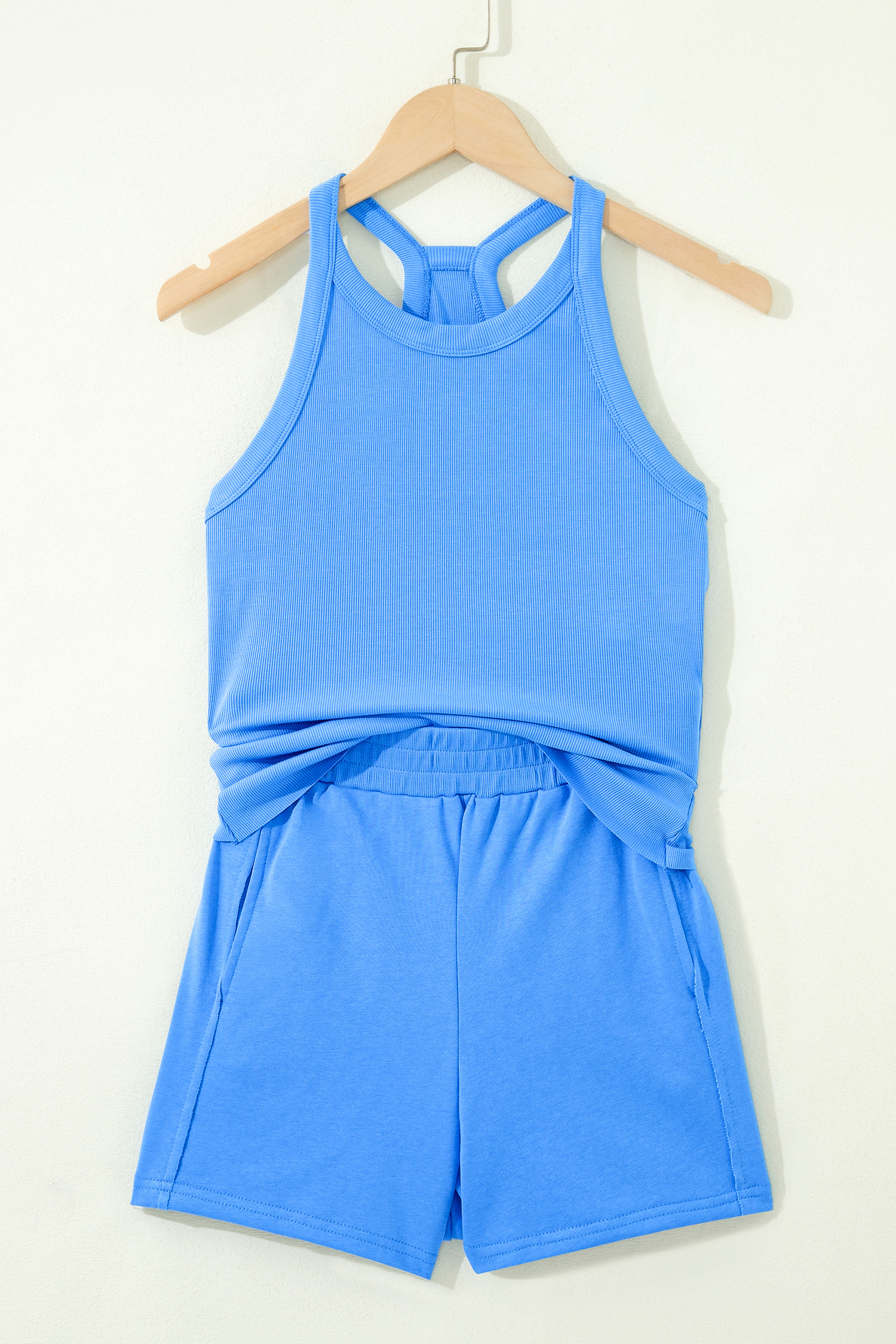 Women's Casual Summer Lounge Set – Sleeveless Tank and Elastic Waist Shorts, Sky Blue - Detail View 5