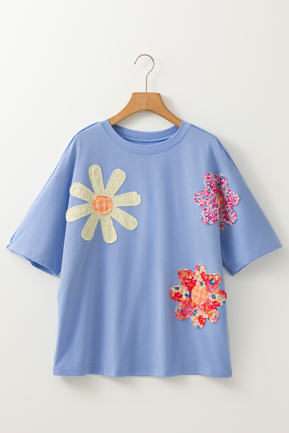 Comfortable Loose Fit Round Neck Top for Women - Versatile Sky Blue Floral Tee - Detail View 3