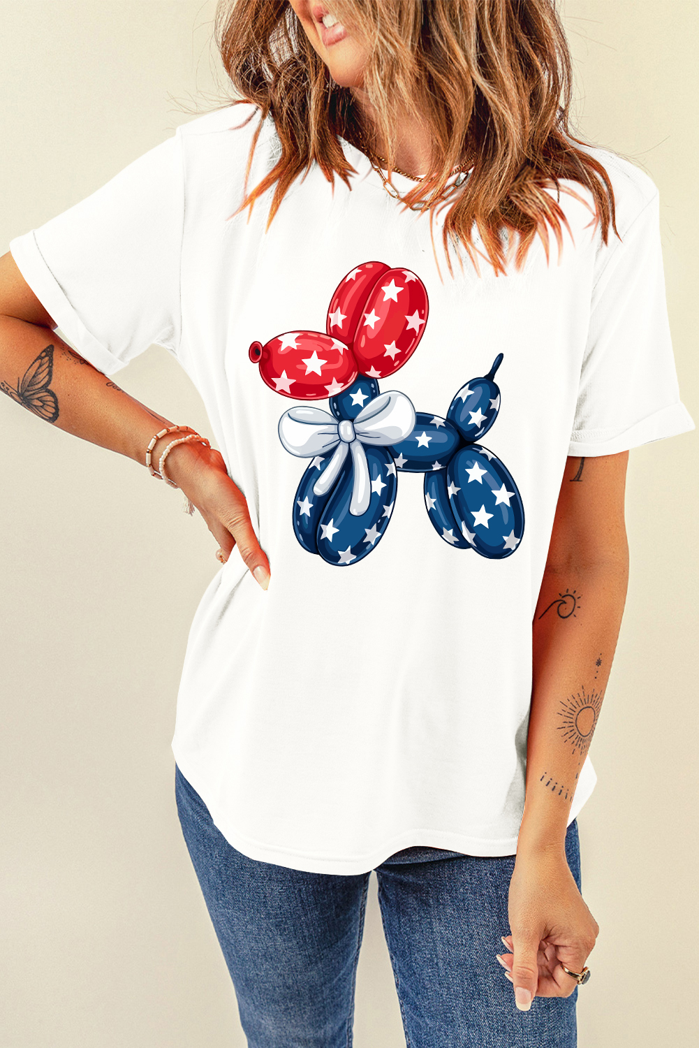 Patriotic Round Neck Tee with Cute Balloon Dog Design - Perfect for Summer - Detail View 10