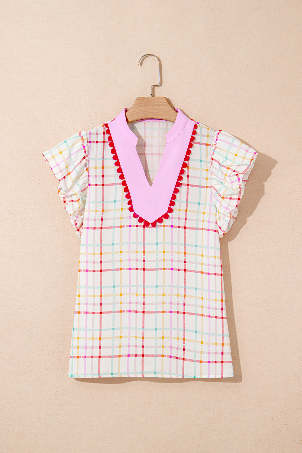 Women's White Plaid Flutter Sleeve Blouse with Colorblock and Ric Rac Detailing - Detail View 5