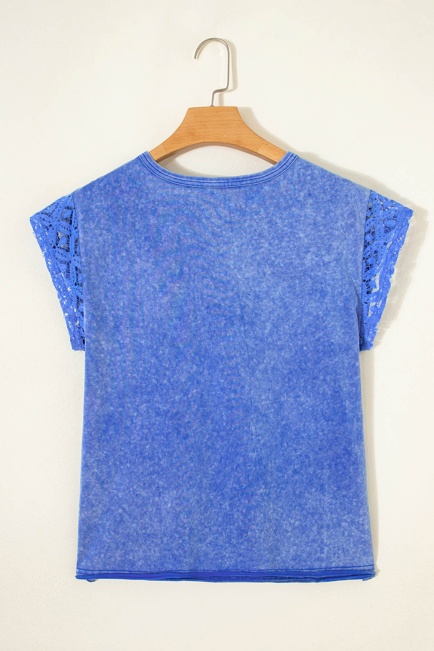 Vintage Style Sky Blue Mineral Wash Tee for Women – Lace Patchwork Short Sleeve Cotton Top - Detail View 5