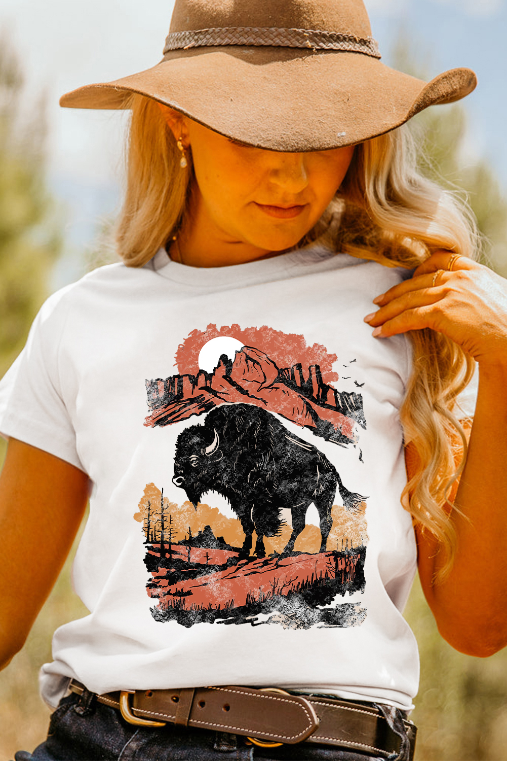 Women's T-Shirt, White Graphic Tee, Western Print, Buffalo on Plains, Casual Style, Round Neck, Short Sleeve, Summer Fashion, Daily Wear, Relaxed Fit, Easy to Dress Up, Timeless Style, Graphic Tees - Detail View 8