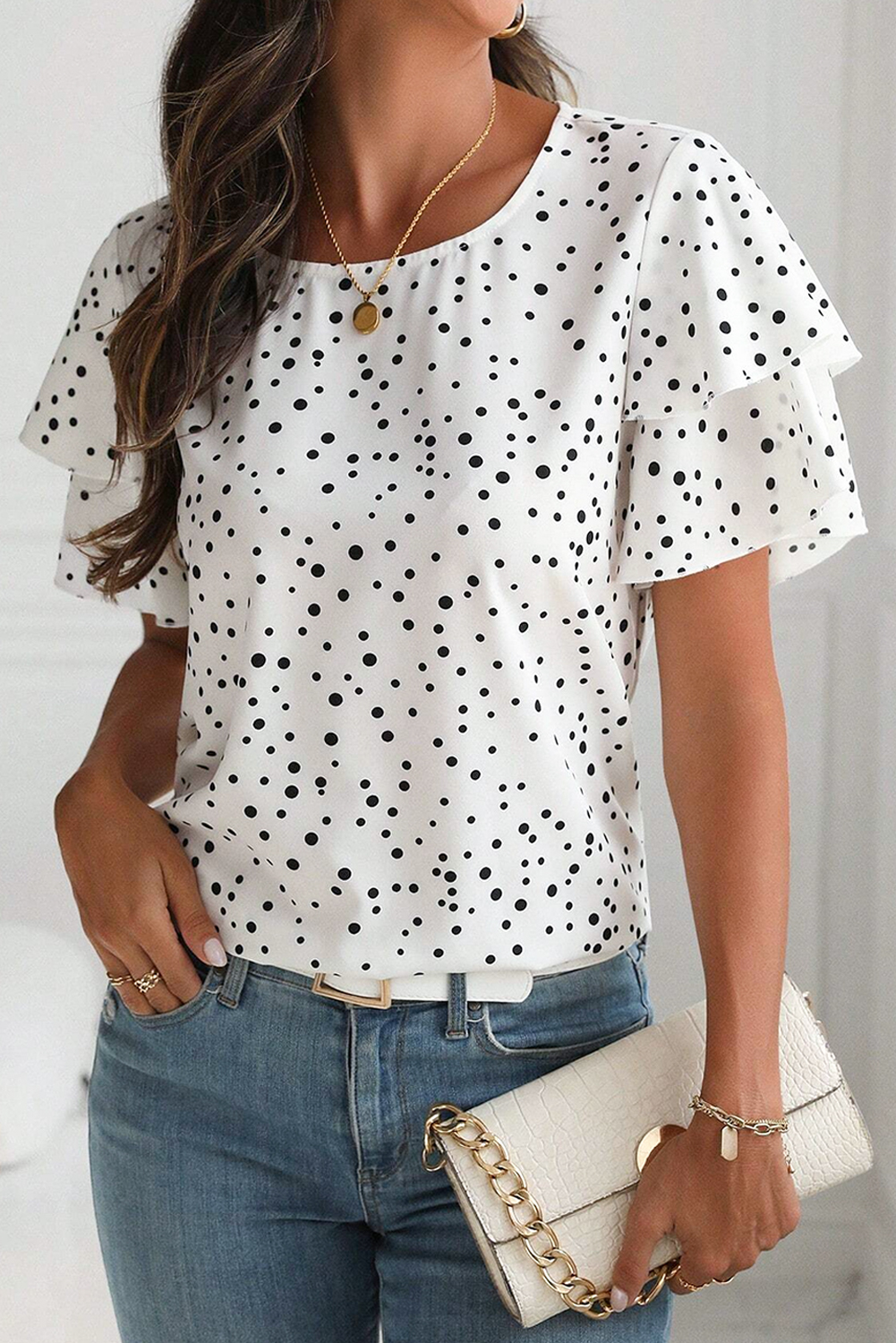 Elegant Casual White Blouse - Short Sleeve with Ruffle Detail for Summer - Detail View 7