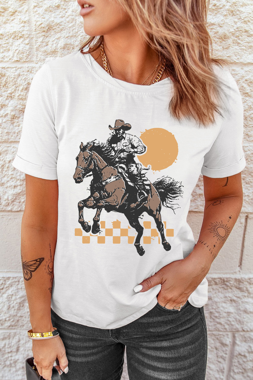 Women's White Sunset Cowboy Print Western Graphic T-Shirt - Detail View 9