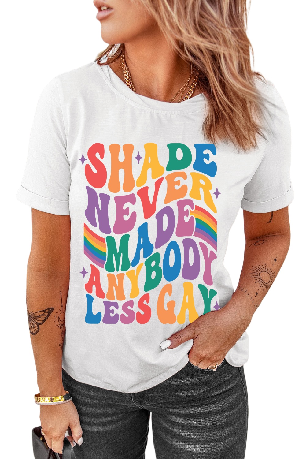 Women's White 'SHADE NEVER MADE ANYBODY LESS GAY' Pride Graphic Tee - Main View